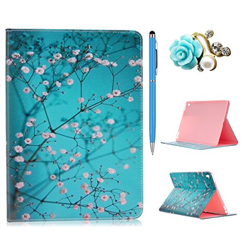 iPad pro 9.7 Hülle,iPad pro Case - Felfy PU Ledertasche Luxe Bookstyle Flip Standfunktion Magnetverschluss Ledertasche Muster Eule Elefant Möwe Schmetterling Bunte Malerei Retro Painted Abdeckung Schutzhülle Ablösbar Handliche Case Tasche Etui für iPad pro 9.7 Zoll (Plum Blume) + 1 x Hellblau Blau Stylus + 1 x Blaue Blumen Dust Plug