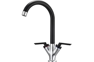 HPWVKVDB Black and Chrome Kitchen Tap Dual Lever Kitchen Taps Mixer Monobloc Sink Mixer Taps 1 Hole Brass Swan Twin Lever Black and Silver Mixers Tap