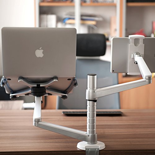 Thingy Club Verstellbare Aluminium-Universal-Halterung für 2 Laptops / Notebooks & Computer-Monitore, Tischhalterung mit Klemme, neigbar, schwenkbar, 2 Haltearme - 4