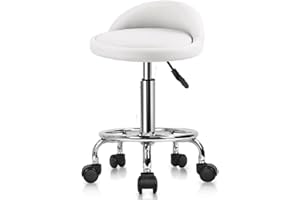 FENIXSHOP24 Sgabello Estetista per pedicure/manicure con Ruote - Regolabile in Altezza - Girevole - con Schienale e poggiapiedi - Bianco-COD 001