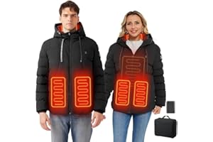 QDRECLOD Veste Chauffante Homme Femme avec Capuche Doudoune Chauffante Manteau Chauffant Avec Batterie 10000 mAh 3 niveaux de température 4 Zones de Chauffage Lavable à l'eau pour Ski Pêche Randonnée Plein Air