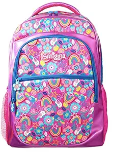 Smiggle Flow Backpack School Bag for Kids with Three Zipped Compartments Padded Shoulder Straps and 15 Inch Laptop Compartment for Children Above 3 Years of Age - Rainbow Print, Pink