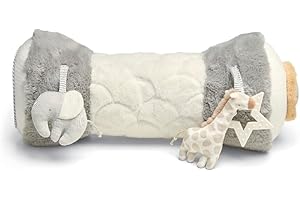 Mamas & Papas Tummy Time Roll, Interactive Soft Baby Pillow with Integrated Rattle, Welcome to The World, Grey