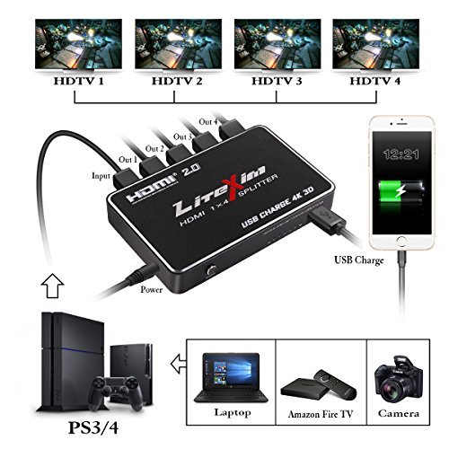 HDMI 2.0 Splitter, LiteXim 1×4 HDMI Splitter with USB Charge Powered HDMI Splitter Amplifier 1 In 4 Out Signal Distributor Certified for 4k x 2K@60Hz & 3D Support - 3