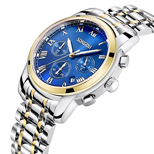 SONGDU Herren Einzigartige Quarz Unisex Armbanduhr Silber Edelstahl Band Analog, Chronograph Classic Design Kalender Datum Fenster – Leuchtend Zeiger