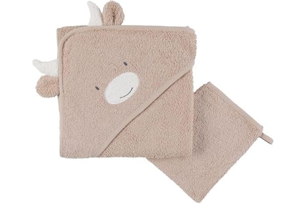 NOUKIE'S - Cape de Bain et Gant de Toilette en éponge pour bébé - Coton - Beige - Fluffy Cow - Idéal dès la Naissance