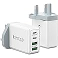 2-Pack USB C Plug, 40W 4-Port Multi USB Plug Fast Charger UK Charing Plug Dual Port Type C PD Power Adapter +Micro USB Plug Multiple Wall Charger for iPhone 15 14 13 12 11 Pro Max XR XS, iPad,Samsung