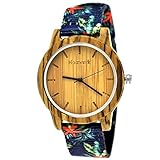 Handgefertigte Holzwerk Germany® Unisex Damen-Uhr Herren-Uhr Sommer Hawaii Blumen Öko Natur-Holz Holz-Uhr Armband-Uhr Analog Holz-Armbanduhr Bunt Blau Rot Braun Textil-Armband Holz-Ziffernblatt