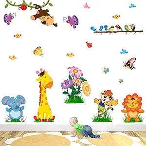 StickMe Colourful Animals, Birds and Flowers Wall Sticker -SM086 (Multi Colour, Vinyl - 100cm X 80 cm )