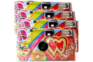 PHOTO PORST Lot de 4 appareils photo jetables 1 A avec flash, piles et film Motif arc-en-ciel avec cœurs, 27 prises