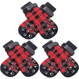 SCENEREAL Dog Socks Anti Slip with Straps Traction Control 5 Pairs Set - Red Black Plaid Paw Protector for Floor Indoor, Double Side Non-Skid Design for Small Medium Dogs Cats Puppy Medium