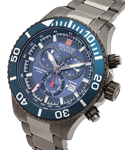 Swiss Military Men's Quartz Watch with Blue Dial Chronograph Display and Grey Stainless Steel Plated Bracelet 6-5226.30.003