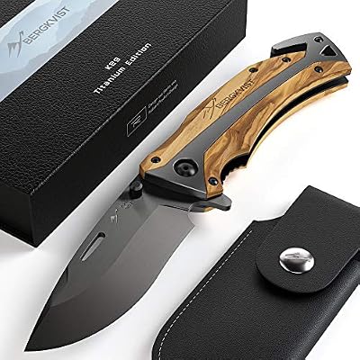 BERGKVIST® Couteau de poche K29 Titanium [2019] 3-en-1 Couteau pliant I Couteau survie avec manche en bois I Couteau de chasse avec étui à couteau & pierre d'affûtage