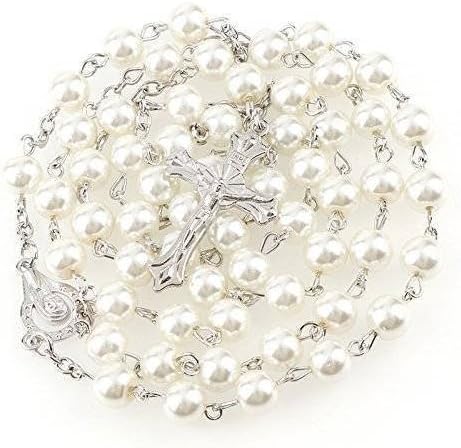 Rosary beads communion of white pearls jewelry 56 cm