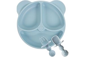 Lanjue Baby Suction Plate, Silicone Toddler Plates Baby Weaning Plate Divided Dishes with Spoon Fork for Self Feeding Training, Dishwasher & Microwave Safe (Blue)