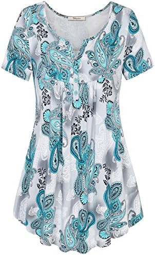Bebonnie Women's Casual Scoop Neck Tops Pleated Front Short Sleeve Tunic T Shirt (XX-Large, Green_Grey#2)
