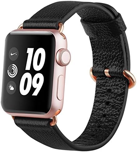 Apple Watch strap 38mm, FashionAids Lichi Calf Leather iwatch strap Replacement Band with Golden Stainless Metal Clasp for Apple Watch Series 0 1 2 and Version 2015 2016 Black-38mm