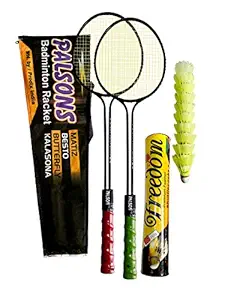 Badminton Racket & Plastic Shuttlecock Combo Pack (Multicolor) - Set of 2 Pieces Badminton and 10 Pieces Plastic Cock