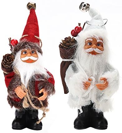 19cm / 7.5inch Christmas Decorations Stand Mini Santa Claus Father Christmas figurine Christmas Doll With Pinecone Berries Bells Cotton Cloth For Christmas Tree Fireplace Shelf Living Room Children'S Room Car Desk (White And Red, 2 Pieces)