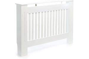 Toboli Osłona na kaloryfer żeberkowy o wymiarach 112 x 19 x 82 cm, biała z płyty MDF, lamelowana maskownica na grzejnik łatwa do czyszczenia