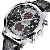 Fashion Herren Uhren Chronograph Analog Quarz Datum Wasserdicht Schwarz Leder Sport Armbanduhr