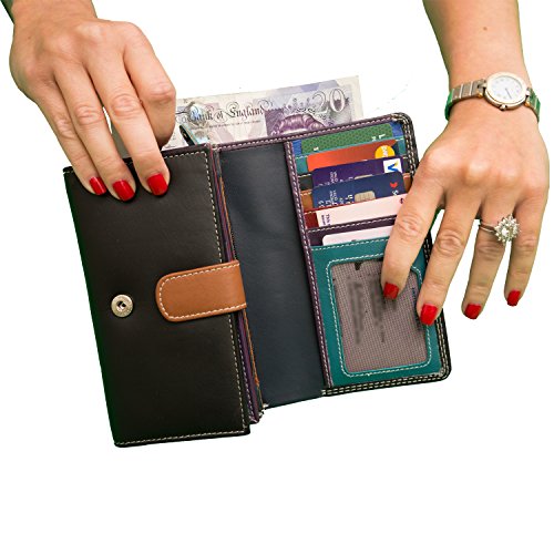 Ladies Luxury High Quality Soft Black (Multi Coloured Inside) Real Nappa Leather RFID blocking Long Multi Fall Purse Multi Credit Card Wallet with 2 Inner Zip Compartments