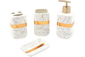 Bargain Shack Durable 4pcs Marble Bathroom Set, Vanity Countertop organizer, Contemporary Accessories set, Tooth Brush Holder, Soap Dispenser, Soap Dish & Tumbler. (Gold)