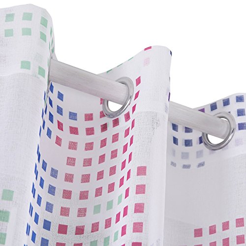 Deconovo Leinen Optik Bunt Ösenschal, Voile Vorhang, Voile Gardinen, HxB: 245×140 cm, Rot/Blau/Grün/Lila Quadrat, 2er set - 3