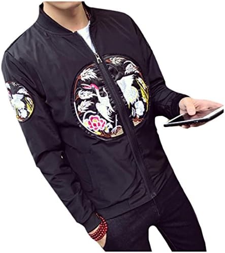 Aprilley Men's Zip Plus-size Embroidered Slit Pocket Bomber Jacket Coat -  Black - 