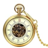 JewelryWe Retro Handaufzug mechanische Taschenuhr Skelett Uhr mit Römischen Ziffern Zifferblatt Kettenuhr Halskette Kette Gold