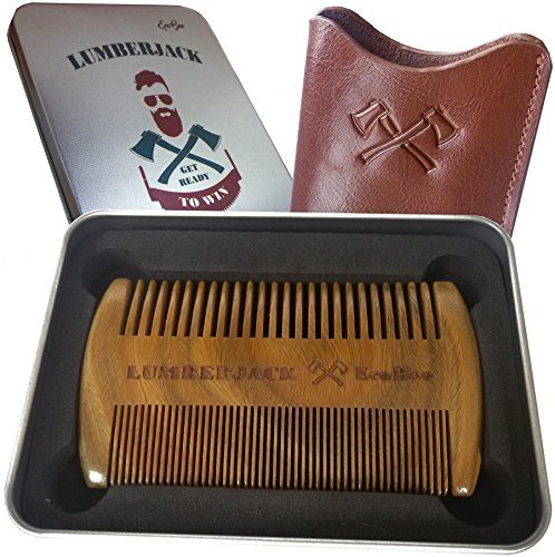 Bartkamm Doppelseitiger, Geschenk für Männer - ein Holzkamm der Bart und Lederbezug , Taschenformat , Sandelholz, seltene und dicke Zähne, antistatische Holzkamm , Gut verwendbar zusammen mit Bartöl & Balsam