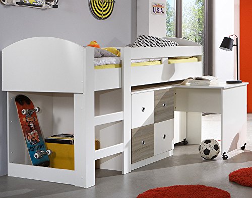 Wimex Hochbett 325238 Kira, Weiß, Abs, Eiche sägerau-Nachbildung, MIRA