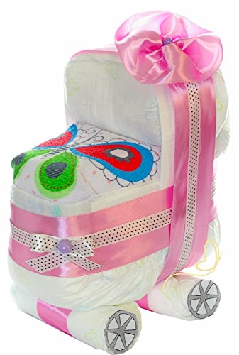 Preisvergleich Produktbild Windeltorte Kinderwagen rosa für Mädchen - Wunschlätzchen - Geschenk zur Geburt, Babyparty (Up in Sky)