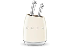Smeg, Bloc de Couteaux KBSF02CR, 6 Couteaux Inclus en Acier Inoxydable, Corps de Bloc en Acier Inoxydable et Fente pour Couteau en Bois d’Acacia, Crème