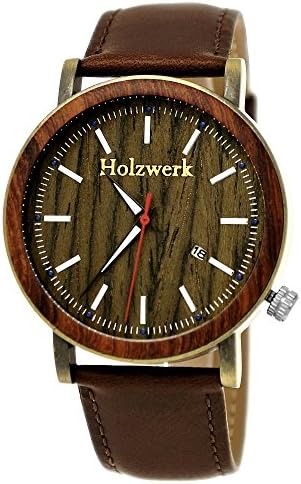Handmade Wood Germany® Designer Men's Watch Organic Wood Analog Clock Leather Bracelet Clock Quartz Watch Brown Gold Date Display Dial