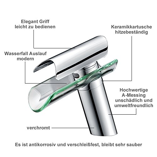 Homelody Wasserhahn Waschbeckenarmatur mit Glasauslauf Wasserfall Armatur Bad Mischbatterie Badarmatur Waschtischmischer Waschtischbatterie für Badezimmer - 5