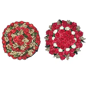 Maahal? Full Juda Bun Hair Flower Gajra Combo for Wedding and Parties Red Color Pack of 2