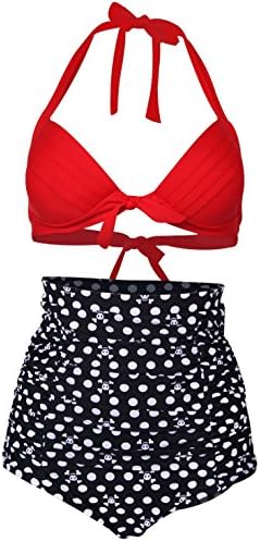 Spring fever Retro Bikini Set 50s Elegant Vintage High Waist Swimsuit Two Piece Halter Neck Floral Swimwear E-Red Black Skull M (UK: 8-10)