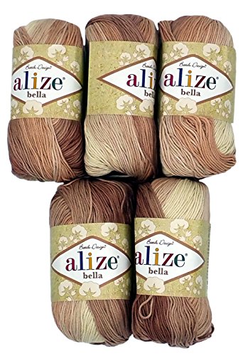 5 x 50 Gramm Baumwolle Farbverlauf braun beige Nr. 1815, 250 Gramm Wolle aus 100% Baumwolle, Strickwolle