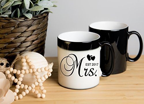 Mrs Est 2017 - Bride, Married, Wedding Magical Colour Changing Mug! Ideal as tea mug, coffee mug, tea cup, coffee cup, hot chocolate cup, hot chocolate mug. Great gift for birthdays, Christmas, Anniversary etc.