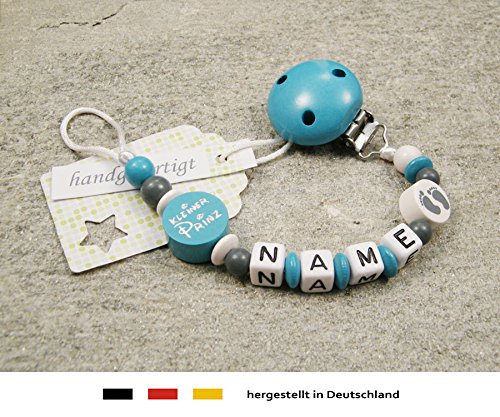 Baby SCHNULLERKETTE mit NAMEN | Schnullerhalter mit Wunschnamen – Jungen Motiv „kleiner Prinz“ in türkis - 3