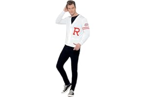 Smiffys Grease Rydell Prep Costume in White for Adults, Sweater Vest, Button-Up, Iconic R Letter, Officially Licensed, Perfect for Matching Group Fancy Dress Outfits and Playful Events