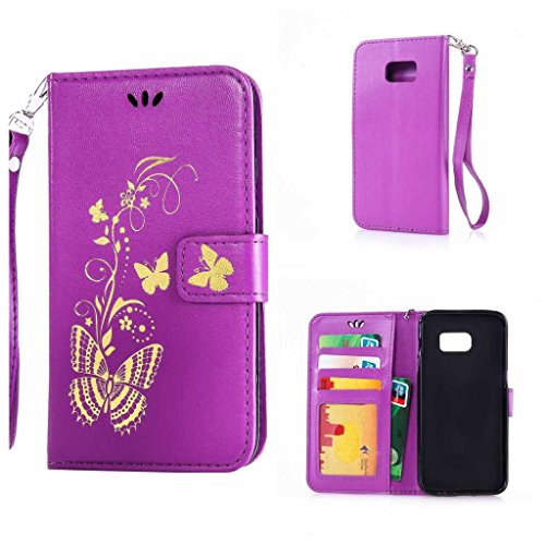 Galaxy S7 Edge Hülle Ledertasche [mit Frei Hartglas Displayschutzfolie], KKEIKO® Schutzhülle PU Leder Tasche Hülle Case für Samsung Galaxy S7 Edge, Wickelfalz Handyhülle mit Bändselloch Standfunktion Karteneinschub und Magnetverschluss, Kratzfeste Lederhülle Flip Wallet (Violett #10)