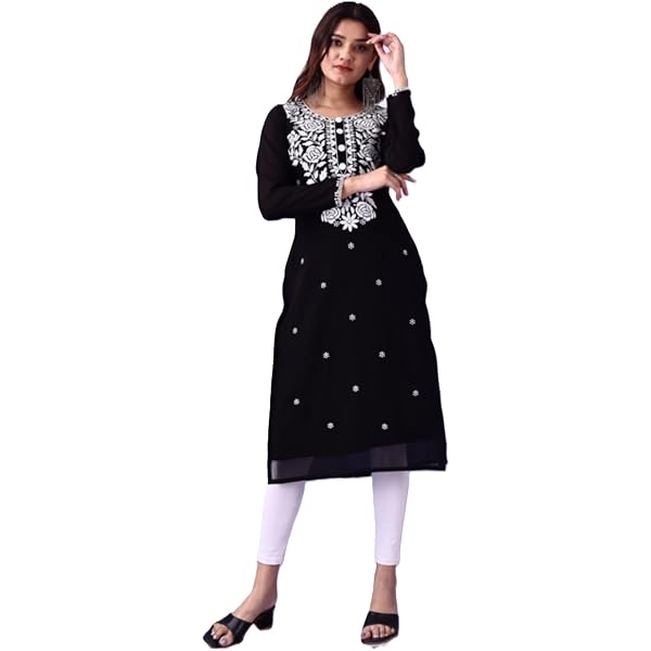 Ada Indian Hand Embroidered Chikankari Cotton Kurta For Women - Mustard Color, X-Large Size