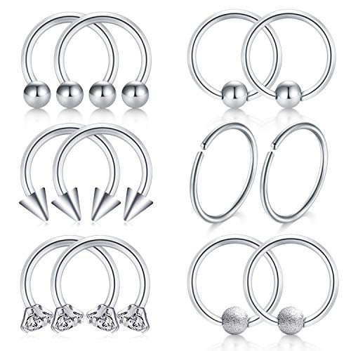 JFORYOU 6 Paire Nez Septum Piercing Helix Tragus Cartilage Boucle d'oreille Piercing Anneau Acier Inoxydable Nez Lèvres Sourcil Anneau Piercing 16G 8mm