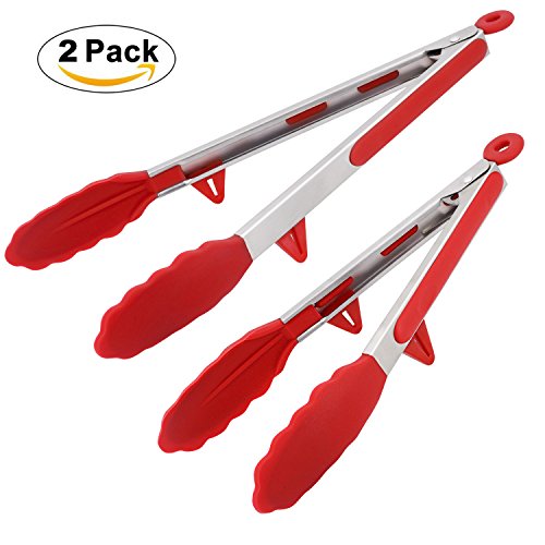 Phyles Pinzas de Cocina, Silicona de Cocina Premium Pinzas Antiadherentes 2 Pack 9 y 12 Pulgadas(Rojo)