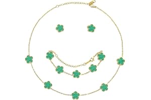 XIWCAFC Four-Leaf Clover Jewellery Set for Women 18K Rose Gold Pendant Necklace Stud Earrings Bracelet Set Lucky Double-sided Clover Jewellery Sets Gifts for Her BFF Birthday