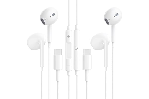 2 Pack Wired USB-C In-Ear Earphones for iPhone and Samsung | White color, 2026 upgraded version, Hi-Fi stereo sound, built-in mic and volume control