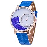 Frauen Femme Strass PU Leder Casual Quarzuhr Armband Armbanduhr Royal Blau