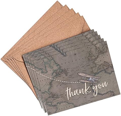 (Pack of 8) Mini Vintage Travel Map Thank You Cards and Envelopes Vintage Destination Biplane Typewriter A7 105mm X 74mm (Pack of 8) Notecards Wedding Party Greeting (Stationery, Note Cards)